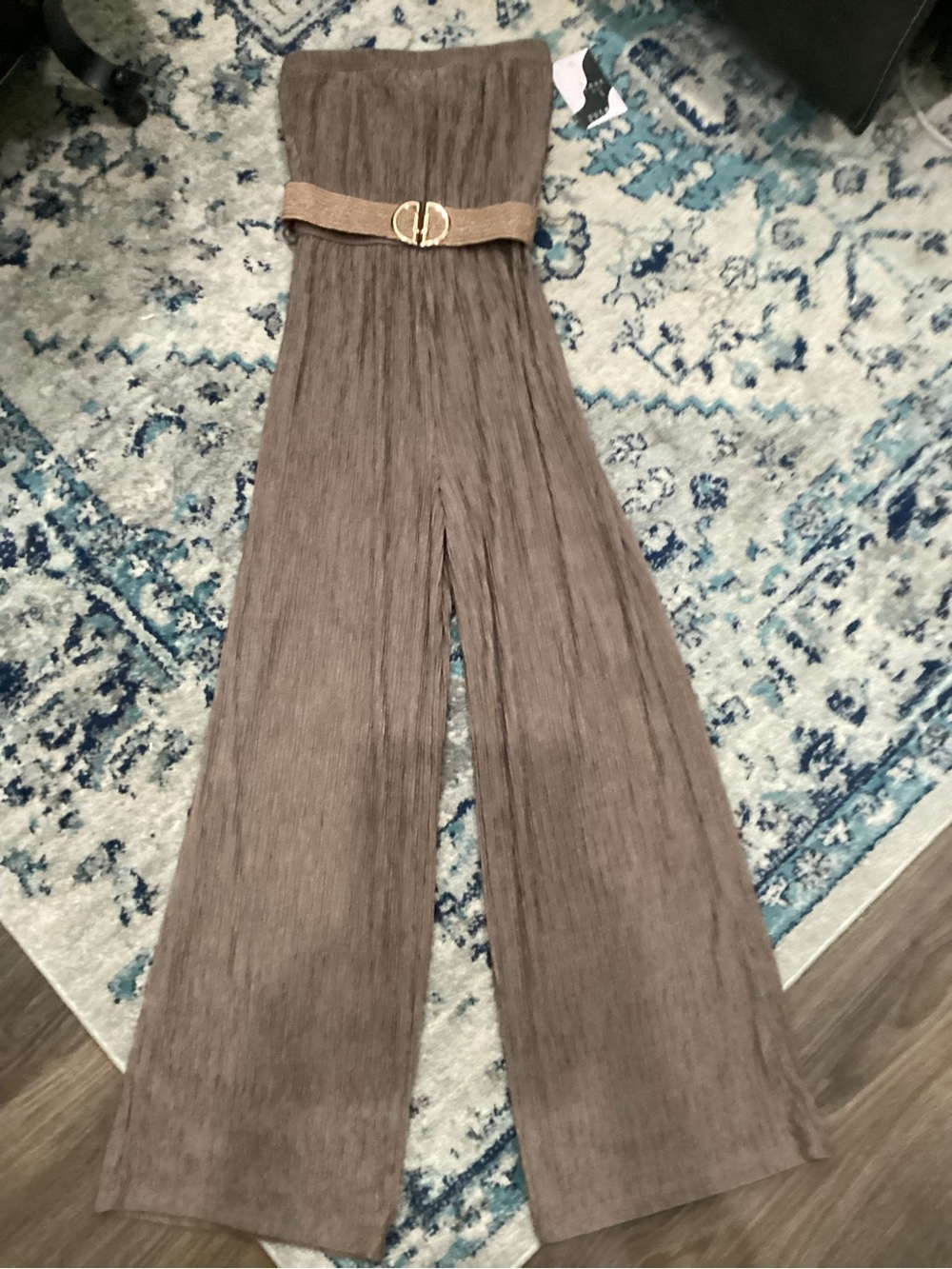Wide-Leg Ribbed Jumpsuit with Belt - Brown
